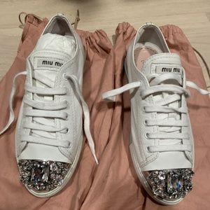 Miu Miu White Leather CrystalEmbellished Sneakers